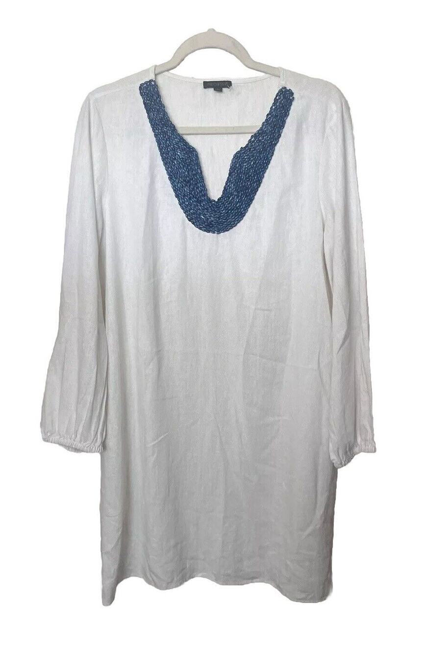 For Cynthia Women’s Sz Large White Blue Beaded Long Sleeve Linen Blend Dress